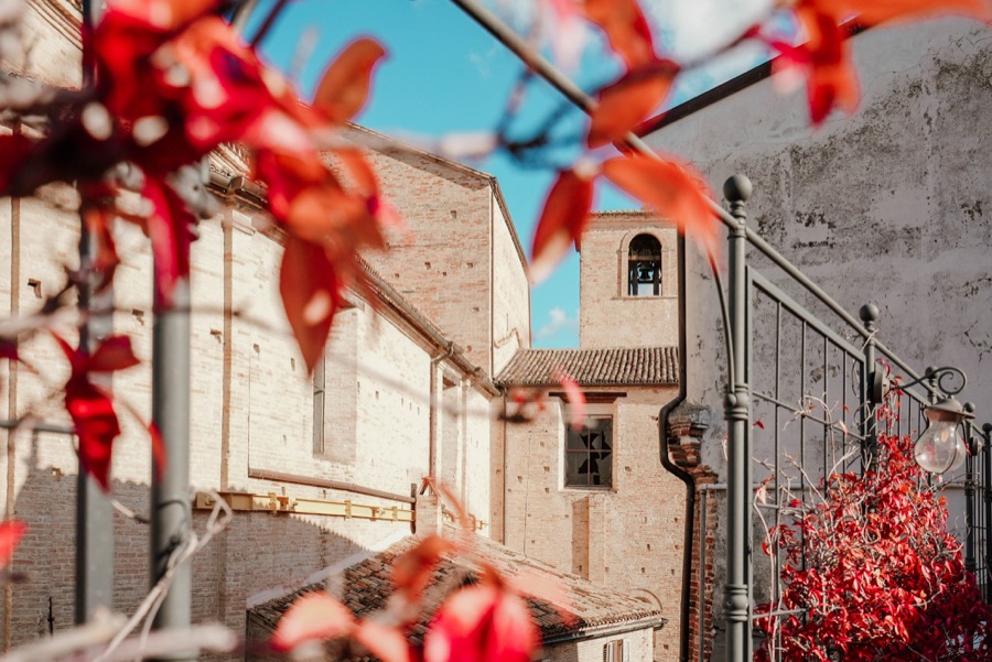 Il campanile tra le foglie rosse dei rampicanti